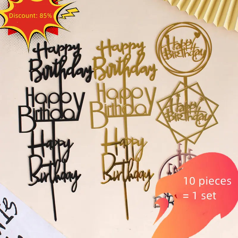 Gold Acrylic Happy Birthday Cake Toppers (Set of 10)
