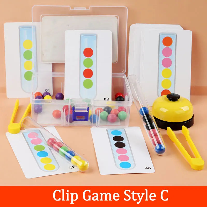 A set of clip game style C wooden bead sorting game featuring test tubes and colored beads.