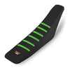 Black ribbed motorcycle seat cover with green stripes and a Power Zone logo