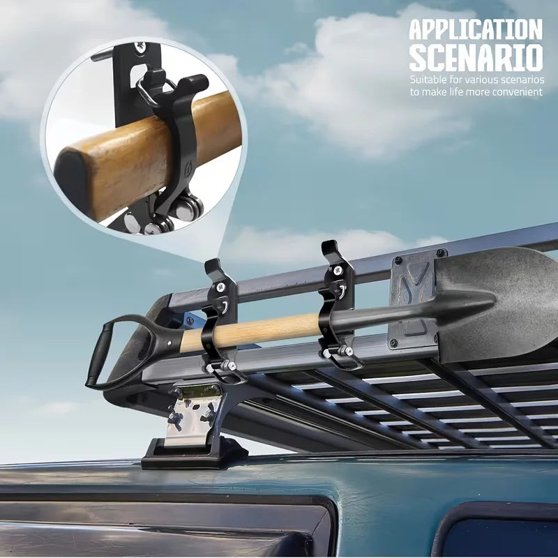 A heavy-duty wall mount tool holder is shown mounted on a vehicle rack, demonstrating its use for securing tools like shovels