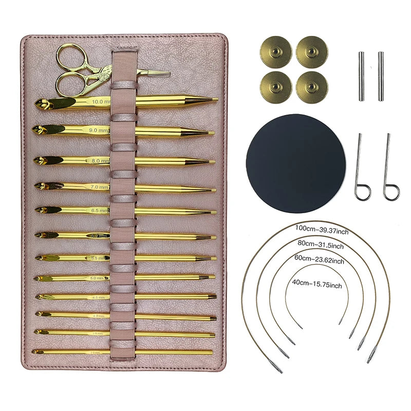 A set of gold-tipped aluminum crochet hooks with interchangeable cords and a matching leather storage case.