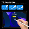 A hand holds a white stylus pen on a tablet screen, demonstrating tilt sensitivity for writing lines.