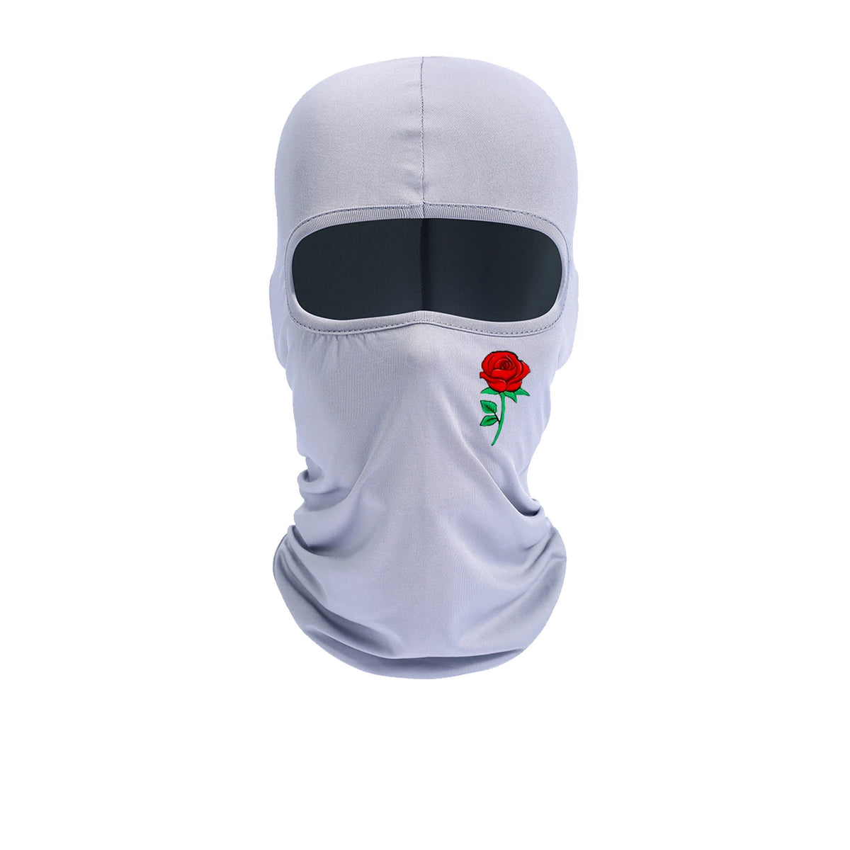 A gray floral balaclava face mask with a black eye opening is shown from the front.