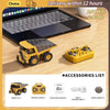 A yellow 1:64 scale remote control construction vehicle is shown next to its remote control, instruction manual, and accessor