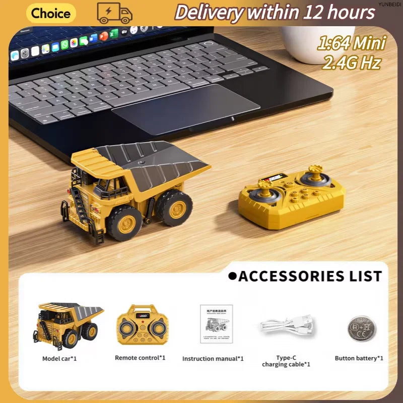 A yellow 1:64 scale remote control construction vehicle is shown next to its remote control, instruction manual, and accessor