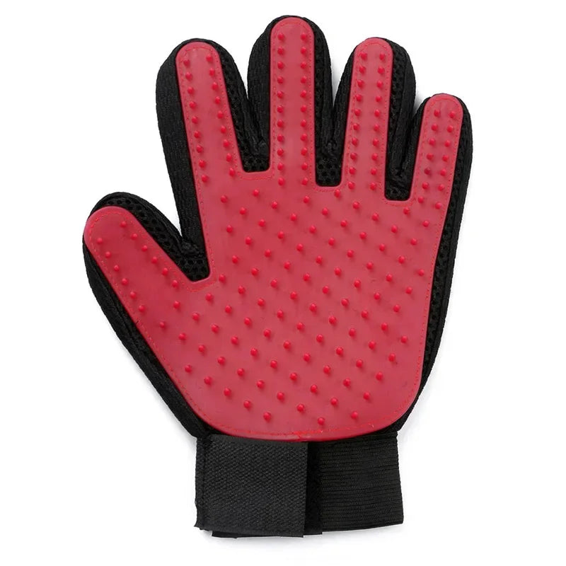 A pair of bright pink silicone pet grooming gloves with textured palms and black cuffs.