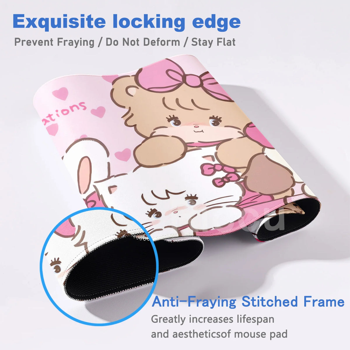 Pink kawaii cartoon mouse pad with a locking edge and anti-fraying stitched frame