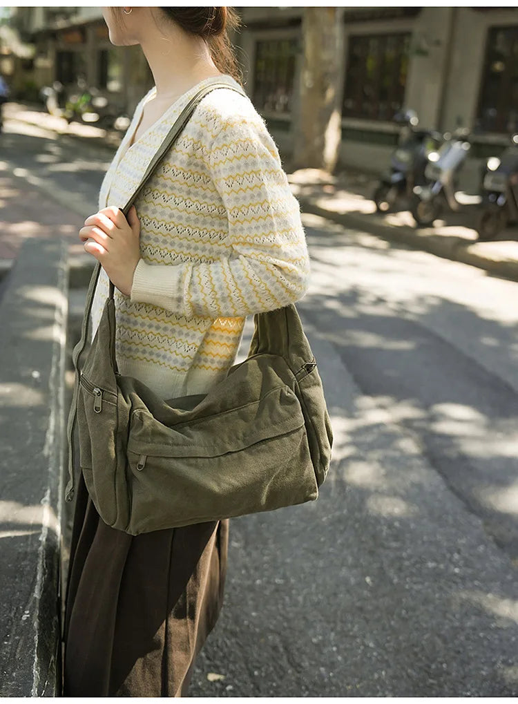 Cotton Canvas Crossbody Bag with Large Capacity