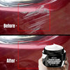 Before and after comparison showing paint scratch removal using a plastic clean scratch remover polishing wax on a red car su