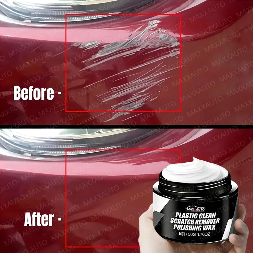 Before and after comparison showing paint scratch removal using a plastic clean scratch remover polishing wax on a red car su