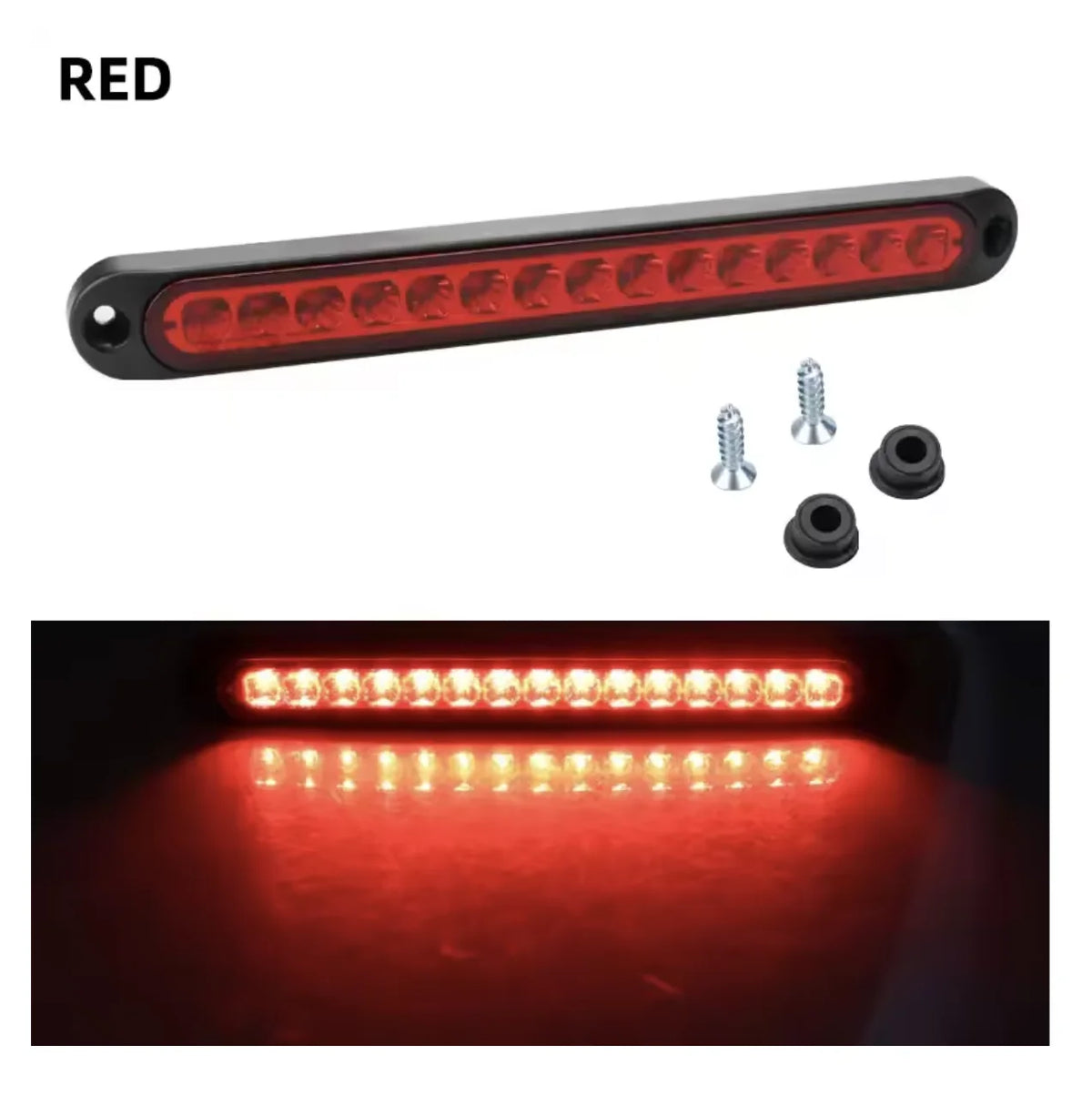 A red LED light bar with multiple bulbs is shown, illuminating a surface.