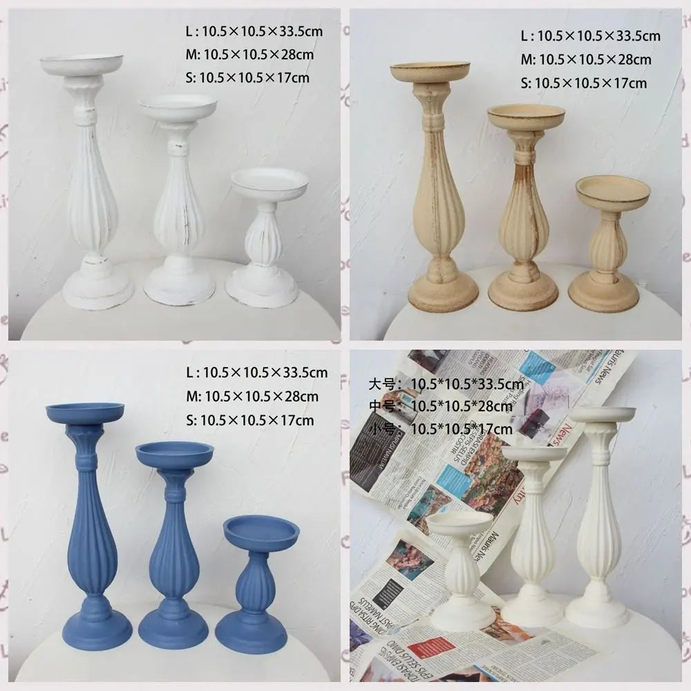 Set of 3 Wooden Candlestick Holders - Antique Style Decor