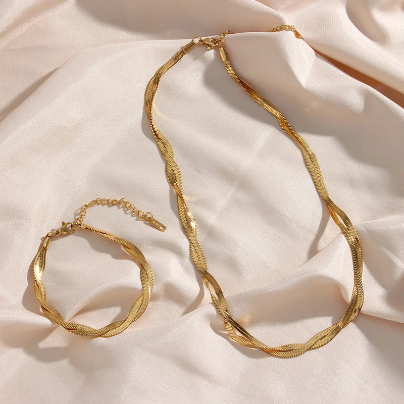 Gold-Plated Herringbone Chain Necklace & Bracelet Set