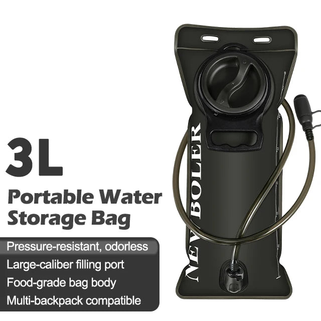 A black portable water storage bag with a pressure-resistant design and a hose, labeled with the brand NEW BOLDER.