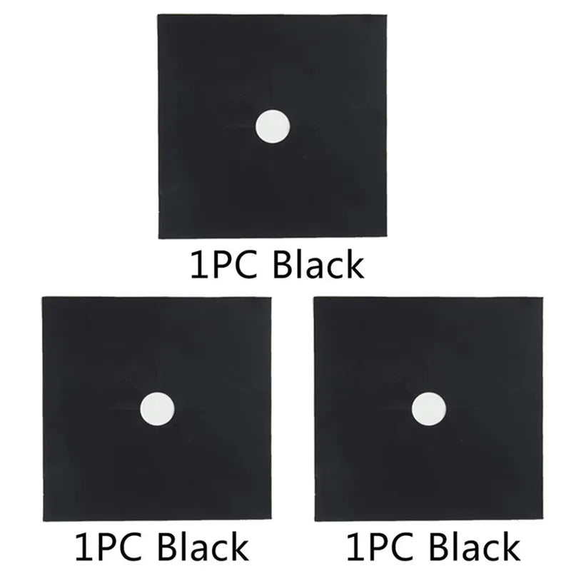 Three individual black silicone stove burner mats, each featuring a circular hole.