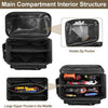 Interior view of a black heavy duty tool bag showing various compartments and zippered pockets