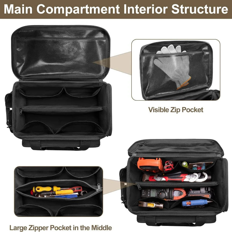 Interior view of a black heavy duty tool bag showing various compartments and zippered pockets