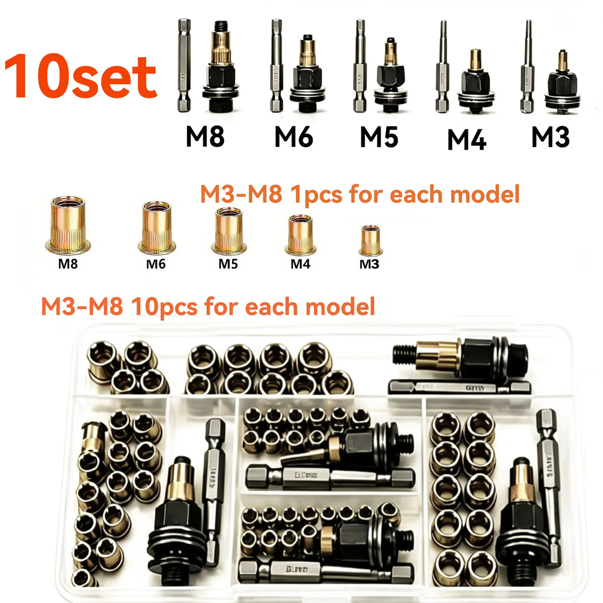 A set of manual rivet nut tools with interchangeable heads M3 to M8, including various sizes and corresponding nuts.