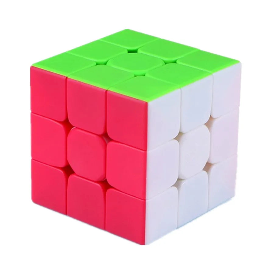 A vibrant pink and green QiYi Speed Cube 3x3 magnetic puzzle cube viewed from above.