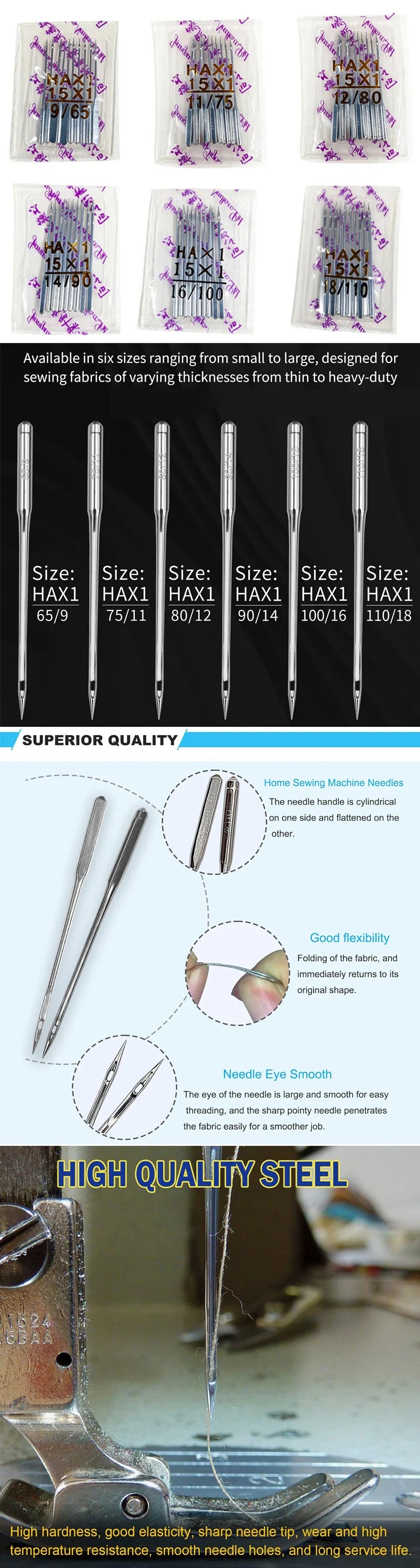 A multi-pack of universal sewing machine needles in various sizes and thicknesses for sewing fabrics.