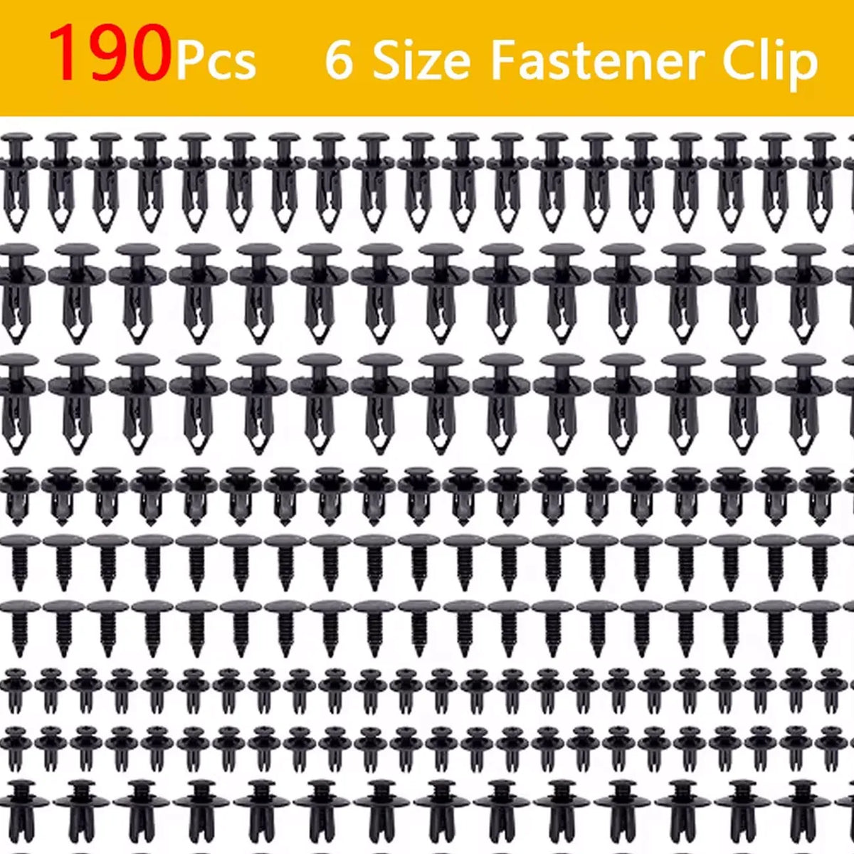 A collection of 190 nylon push rivet clips in six different sizes for automotive trim.