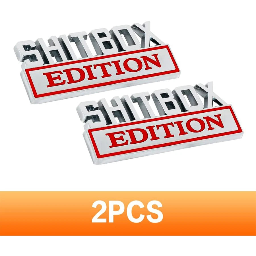 Ein Satz aus zwei Metall-3D-Schrift-Badges für Automobilaufkleber mit dem Wort EDITION im verwitterten Stil.