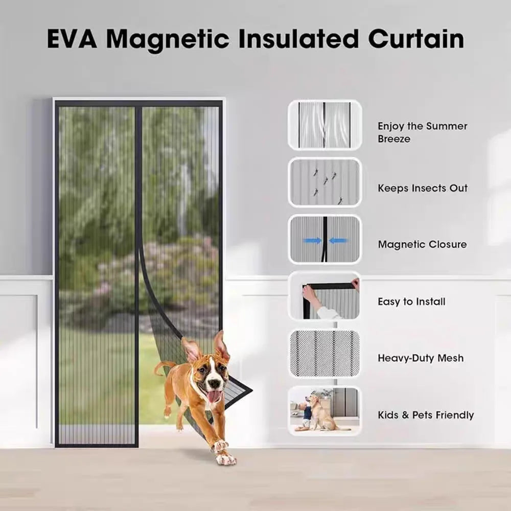 EVA magnetic insulated curtain installed on a glass door, showing features like insect protection and magnetic closure.