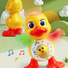 A yellow duck toy with red feet and wings is shown against a light green background, demonstrating dynamic music body movemen