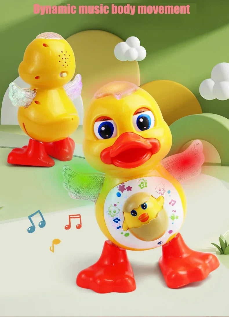 A yellow duck toy with red feet and wings is shown against a light green background, demonstrating dynamic music body movemen