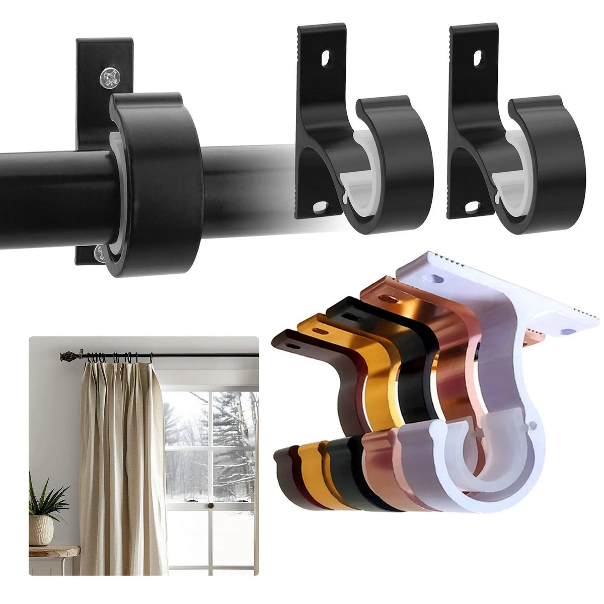 Black durable curtain rod brackets and decorative brass/copper brackets for secure window treatments