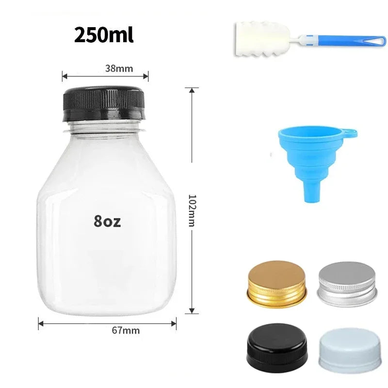 A set of reusable plastic juice bottles with tamper-evident caps, including a bottle, a spatula, and various caps.