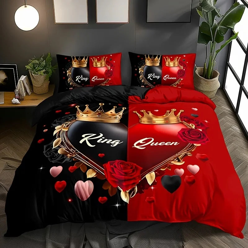 Dark Red Three-Piece Duvet Cover Set with Letter Print