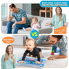 An inflatable baby water play mat is shown being used by a baby on a white carpet.