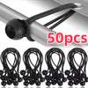 A set of 50 heavy duty bungee cords with elastic ball ends shown in various coiled forms.
