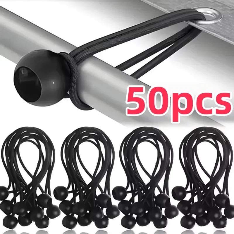 A set of 50 heavy duty bungee cords with elastic ball ends shown in various coiled forms.