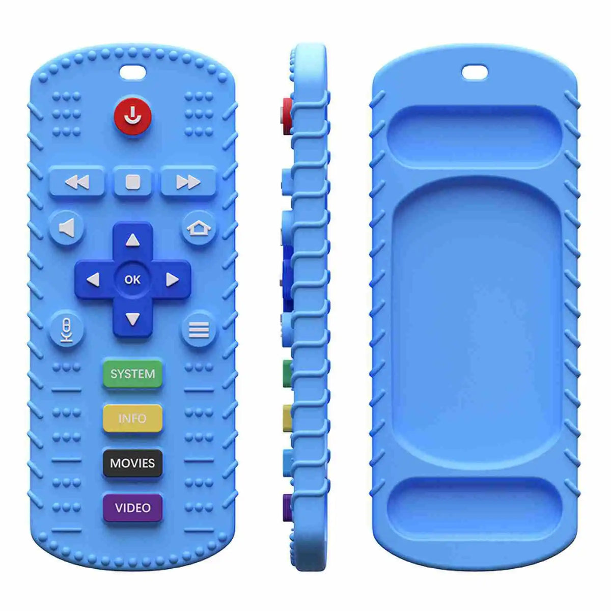 Blue silicone remote control teether with various buttons and a long silicone chain