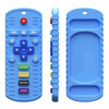 Blue silicone remote control teether with various buttons and a long silicone strap