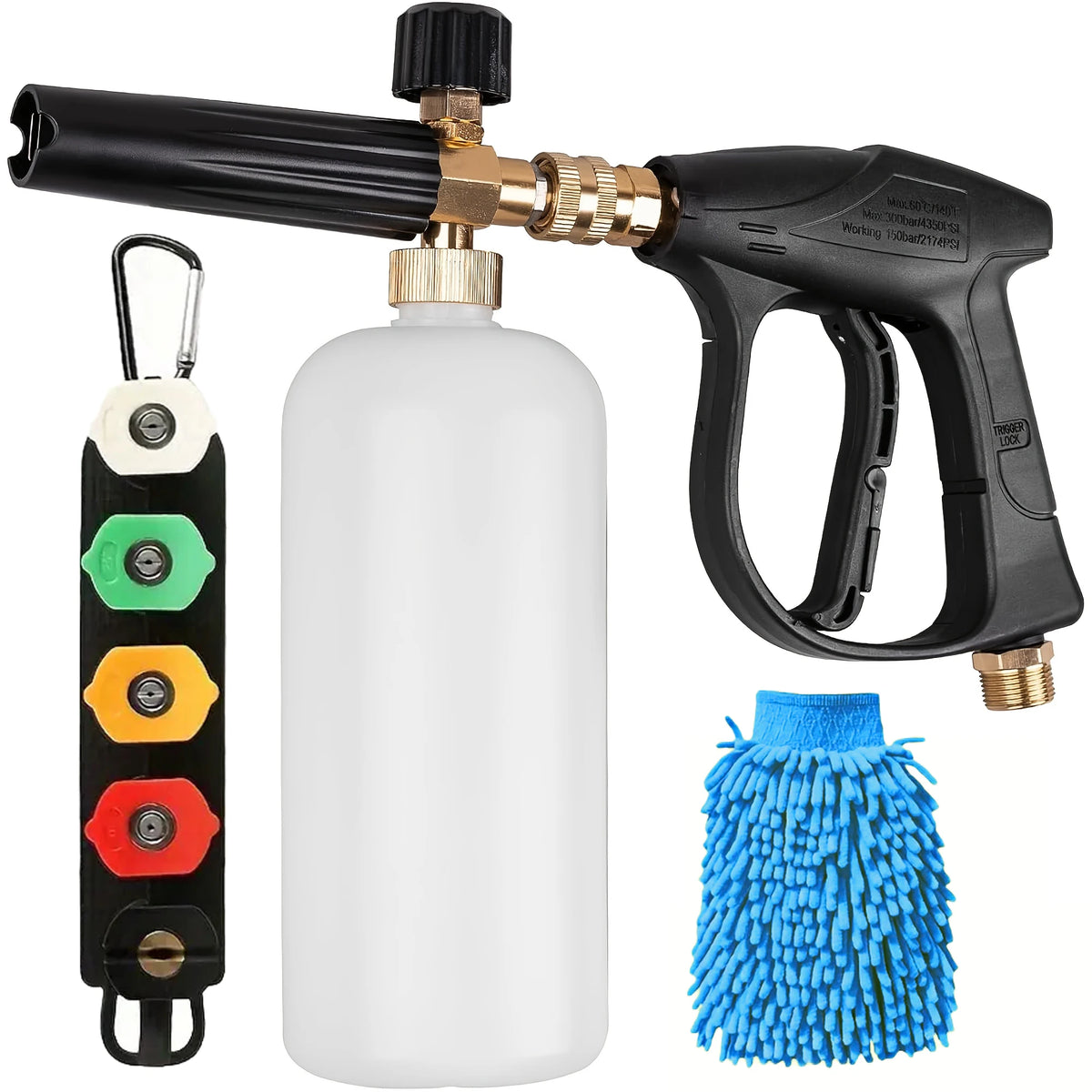 A black pressure washer gun with a foam cannon and various quick-connect nozzles and a white bottle.