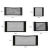 Various sizes of black elastic mesh car seat back organizers shown in different dimensions.