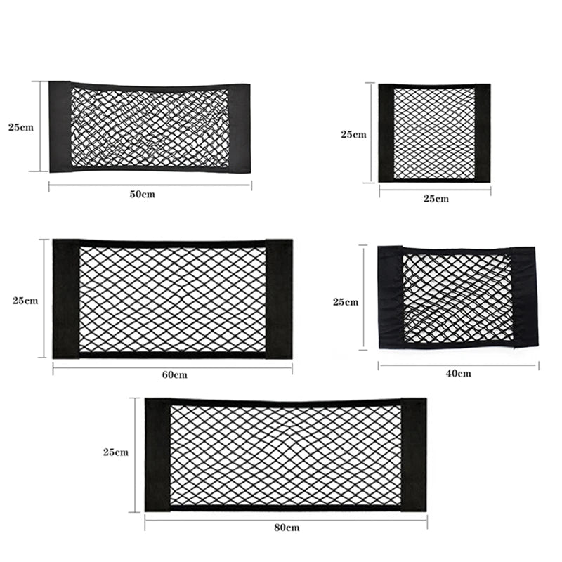 Various sizes of black elastic mesh car seat back organizers shown in different dimensions.