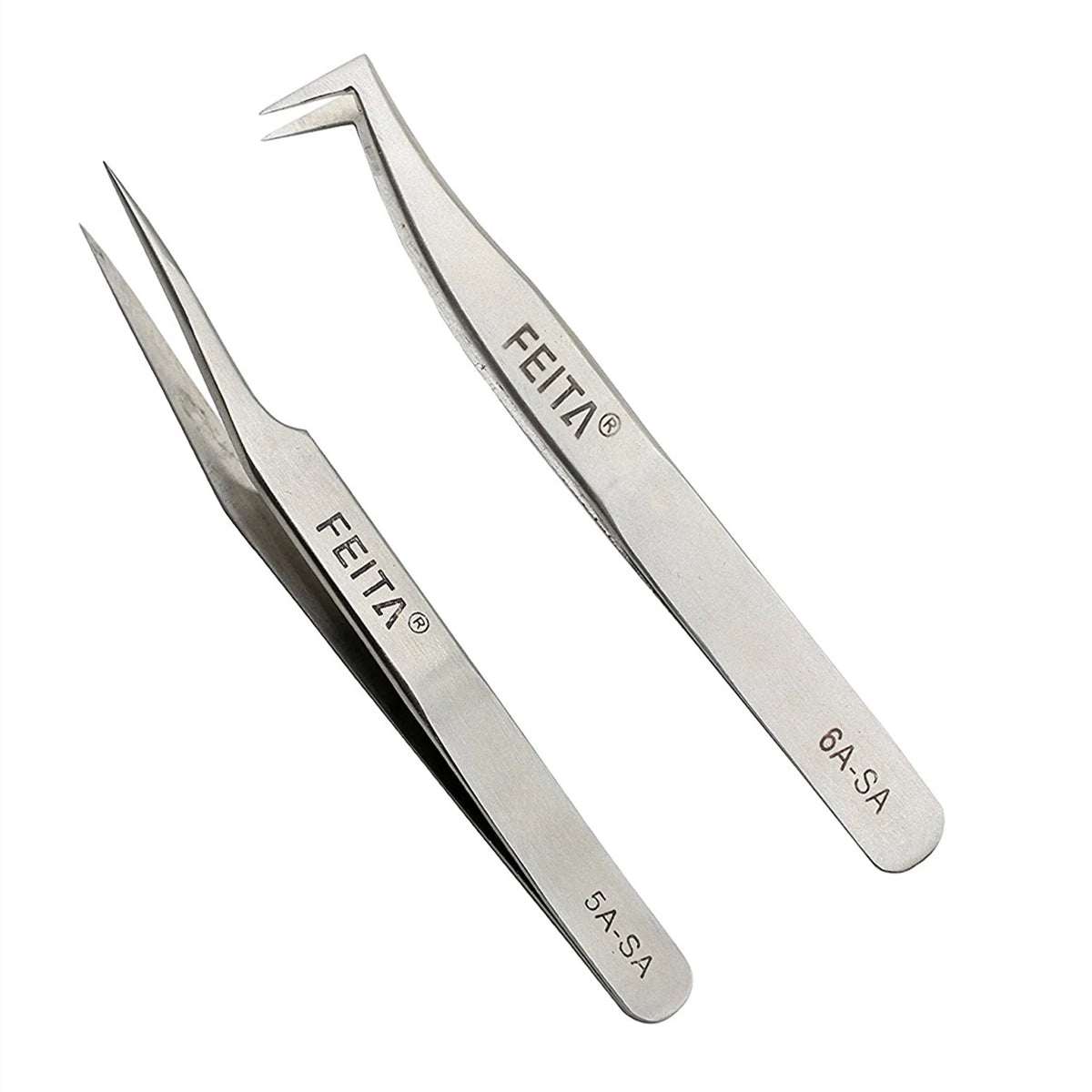A pair of stainless steel tweezers with markings 5A-SA and 6A-SA are shown against a white background.