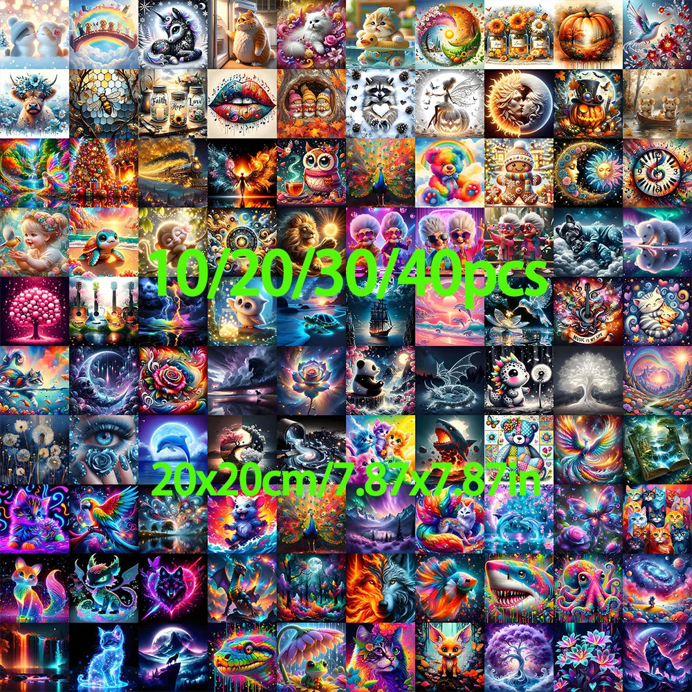 A grid of colorful diamond painting and cross stitch art featuring various cartoon and fantasy characters.
