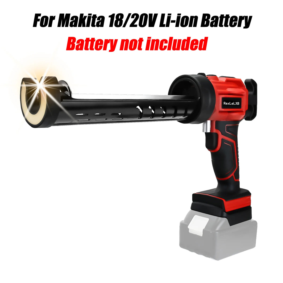 Red cordless electric caulking gun with a black barrel and LED light, shown against a white background.