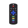 A black silicone remote control teether featuring various buttons including power, navigation, and function controls.