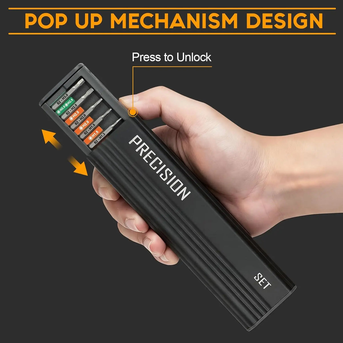 A hand holds a black precision screwdriver set with multiple torque settings and an LED light, demonstrating the pop-up unloc