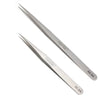 A set of three precision stainless steel tweezers with various tips for professional use.
