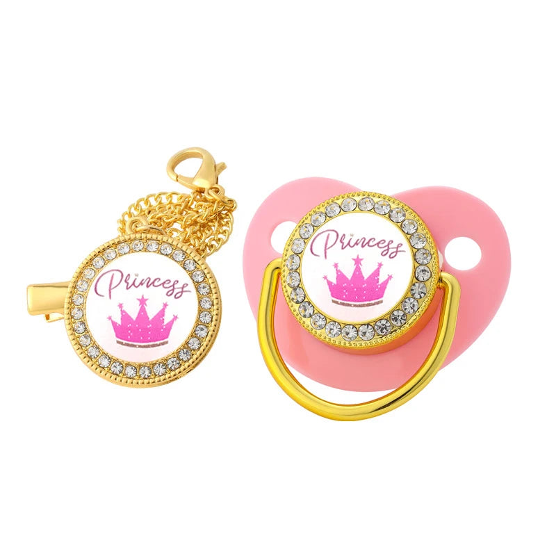 Gold and pink crystal rhinestone pacifier chain clip set with silicone nipple
