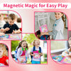 A collection of images showing girls playing with a unicorn and mermaid princess magnetic puzzle.