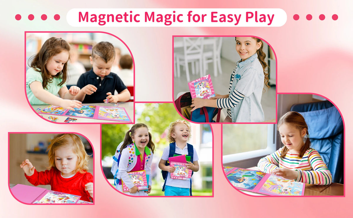A collection of images showing girls playing with a unicorn and mermaid princess magnetic puzzle.