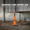 An adjustable orange steel floor support jack is shown standing on the ground, used for beam support.